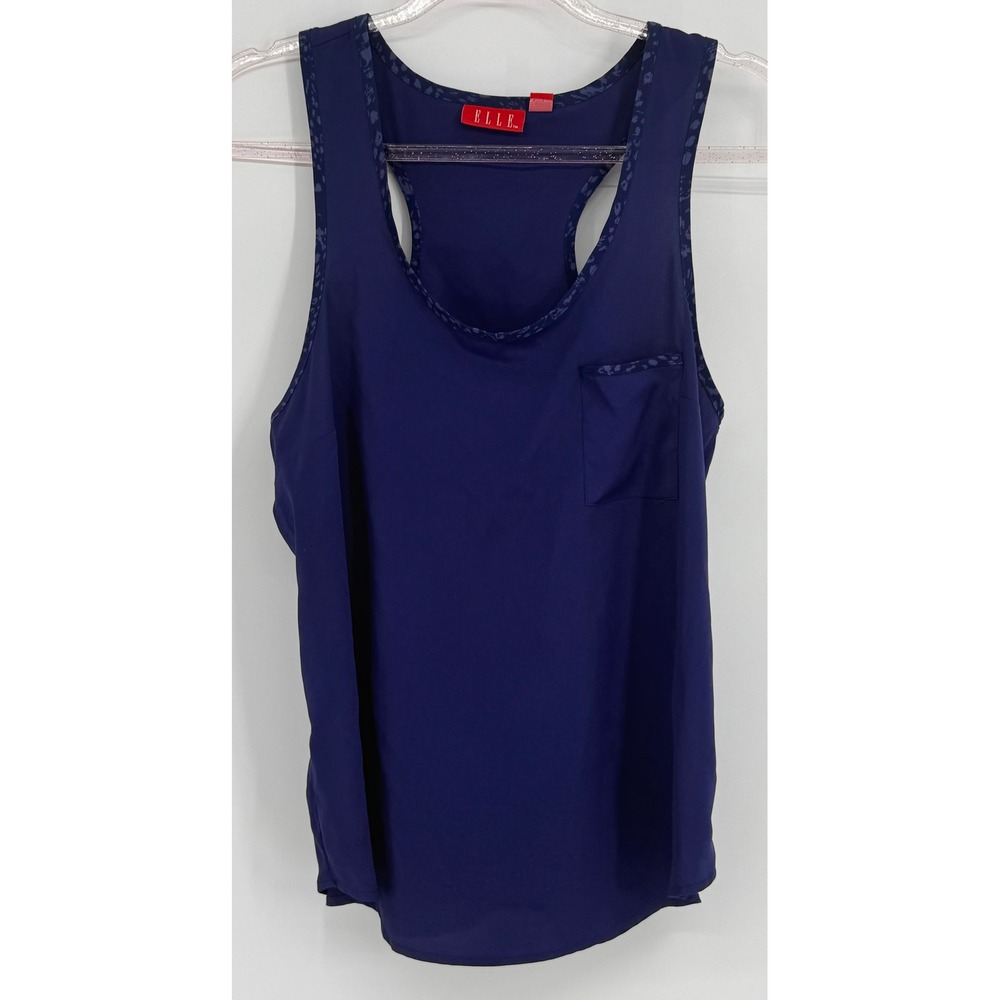 ELLE Womens Navy Blue Racerback Tank Top Leopard Trim Pocket Sz M